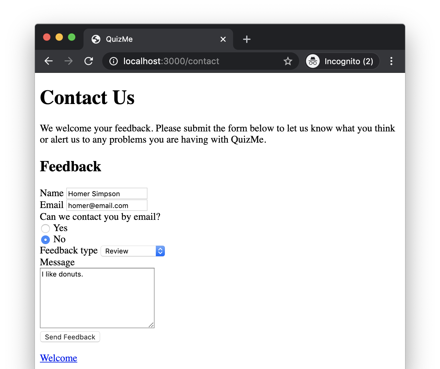 The Contact page, including a feedback form that has data entered into it