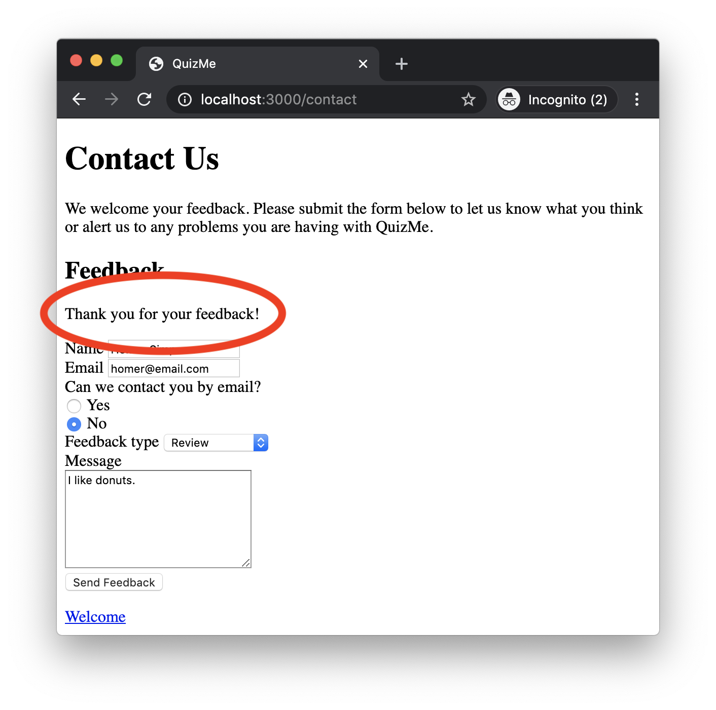 The Contact page, including a feedback form that displays a success status message