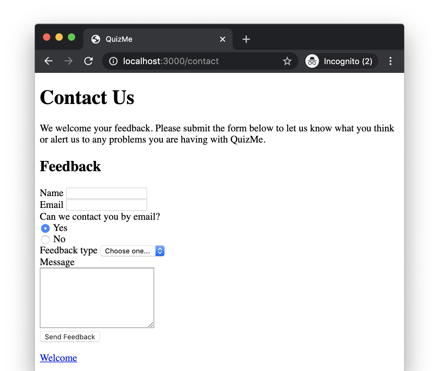 The Contact page, including a feedback form