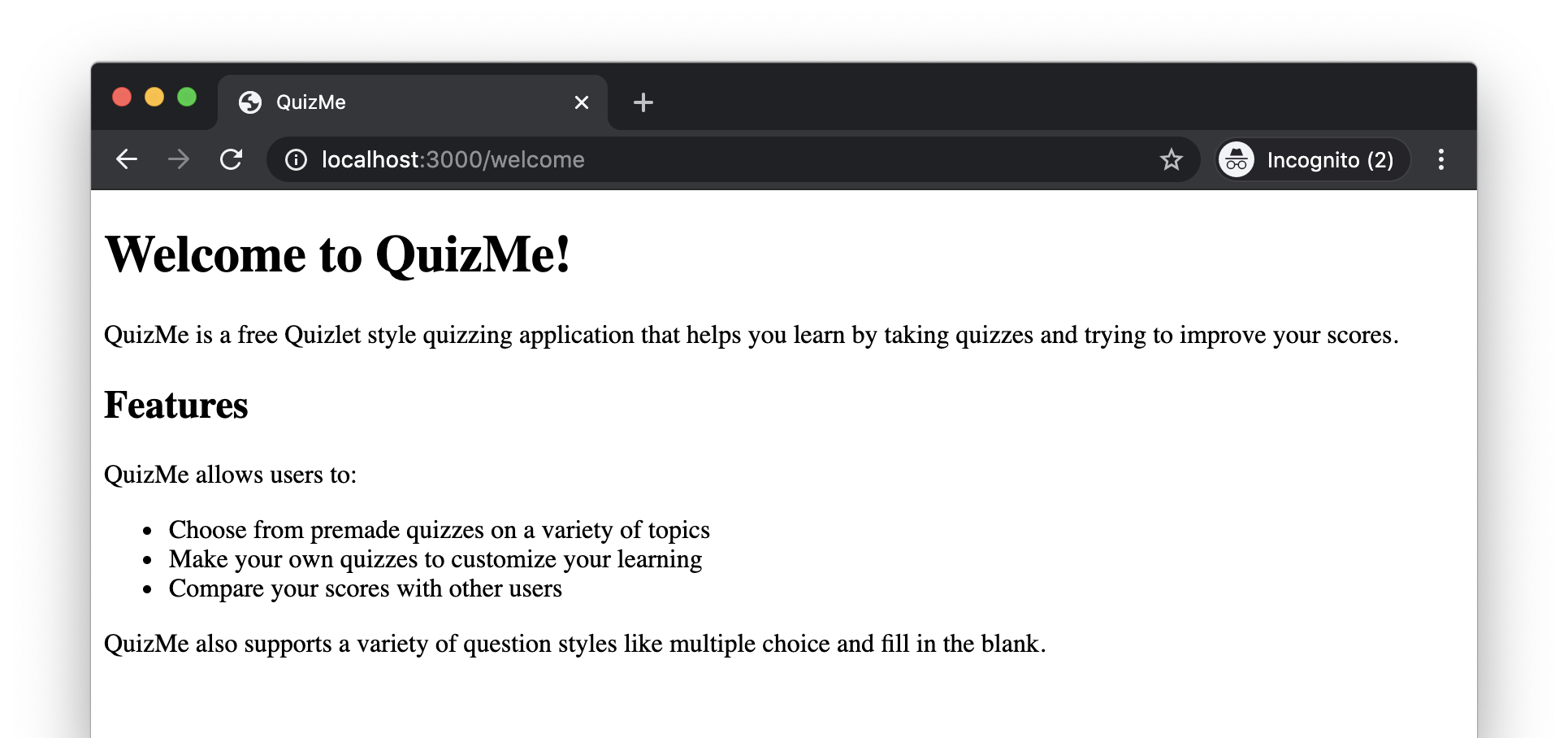 A web page that welcomes users to the QuizMe application