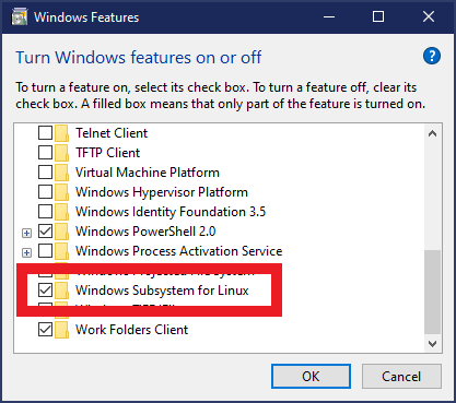 Windows Subsystem for Linux checkbox