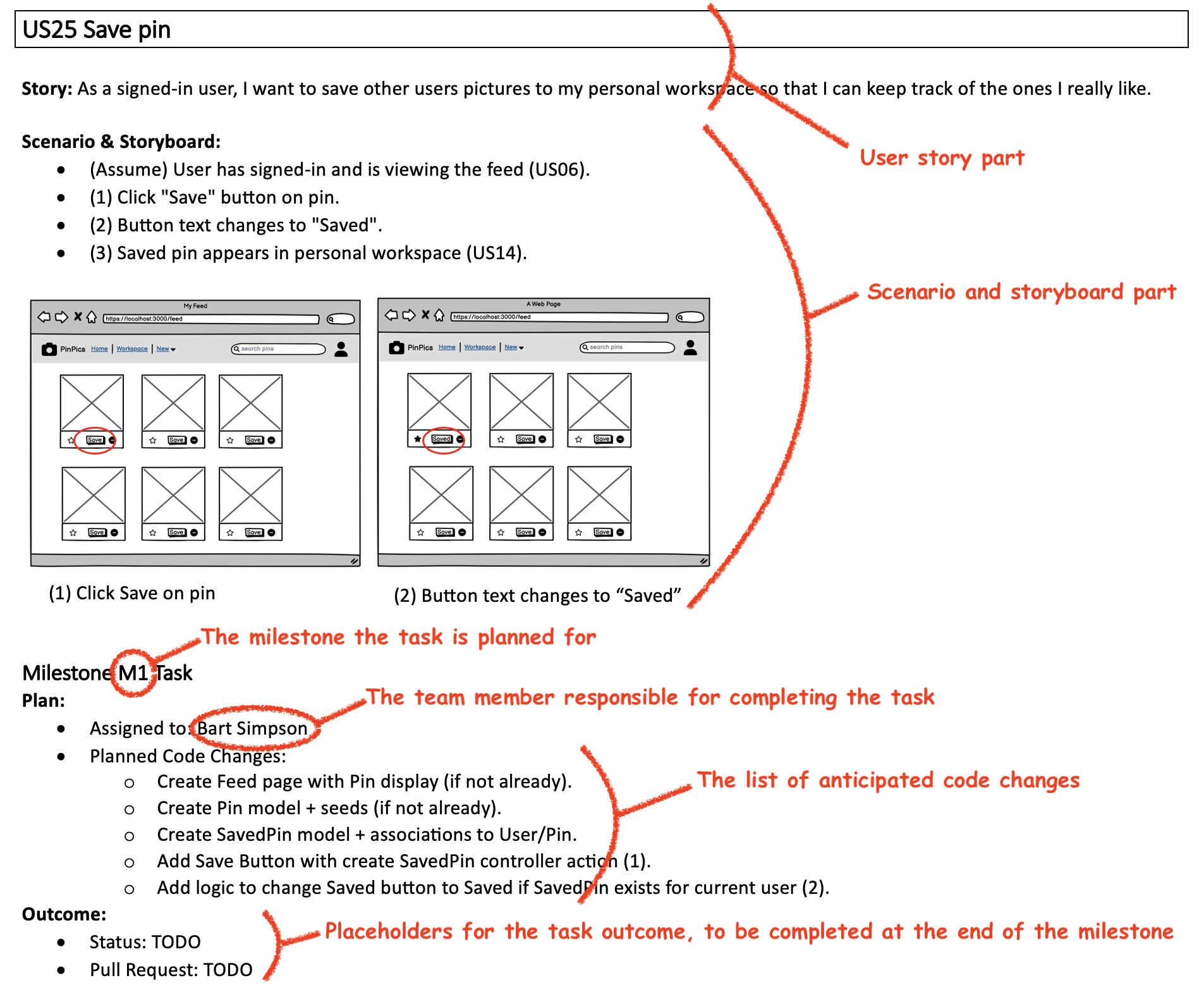 An example task plan in the required format with its various parts annotated.